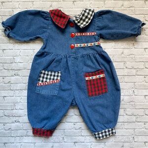 Vintage 90s Baby Buster Brown Denim Bubble Romper With Red and Black Plaid